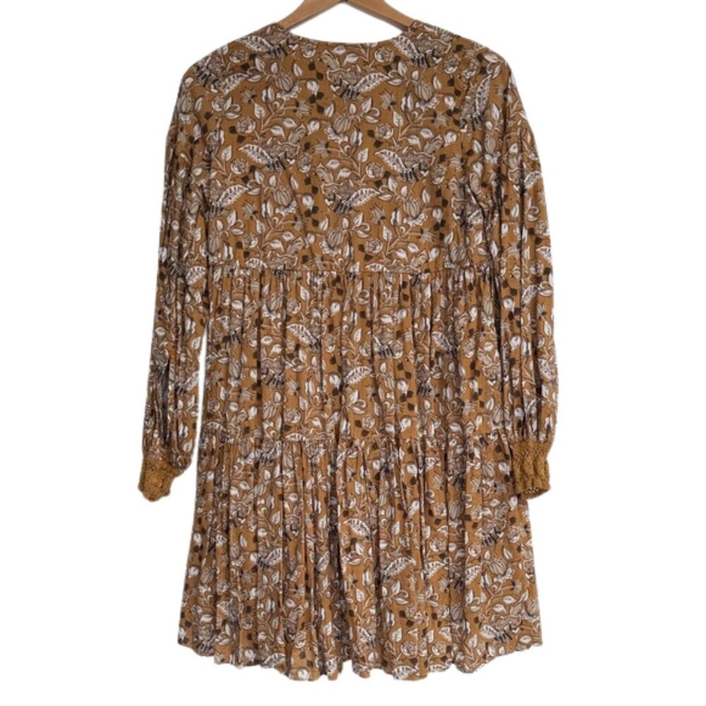 Anthropologie Floral Tiered Cottagecore Boho Dress Petite 6P Mustard Botanical - Picture 16 of 16